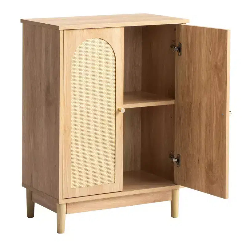 Original Wooden Bathroom Cabinet with Rattan Surface and Double Doors