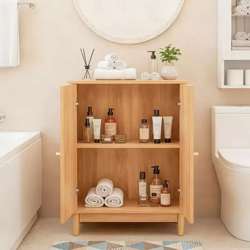 Original Wooden Bathroom Cabinet with Rattan Surface and Double Doors