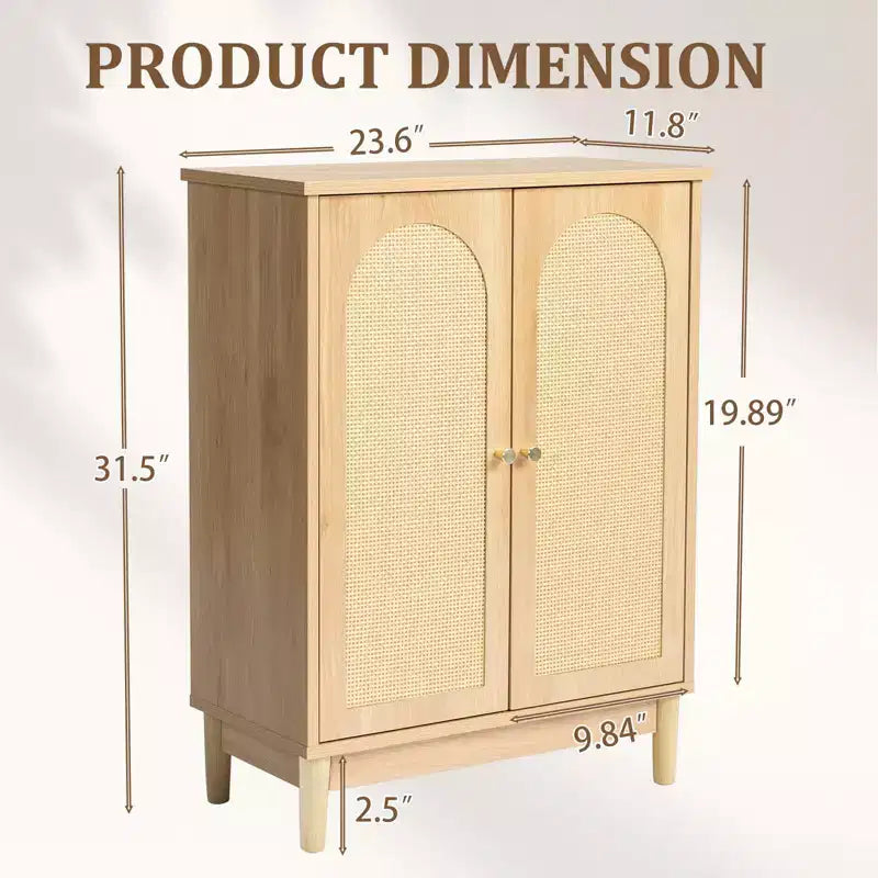 Original Wooden Bathroom Cabinet with Rattan Surface and Double Doors