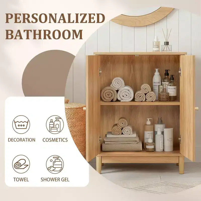 Original Wooden Bathroom Cabinet with Rattan Surface and Double Doors