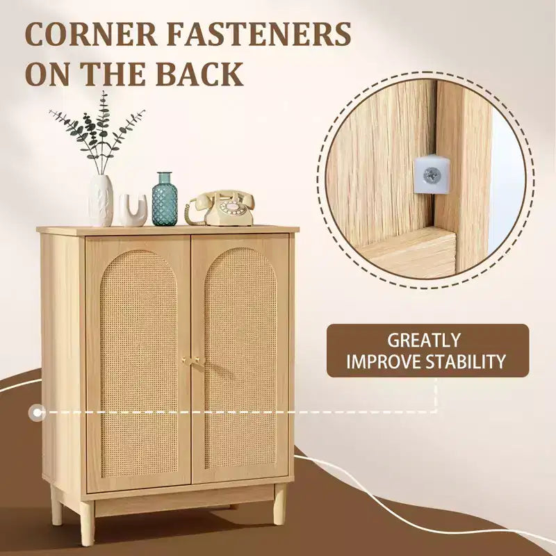 Original Wooden Bathroom Cabinet with Rattan Surface and Double Doors