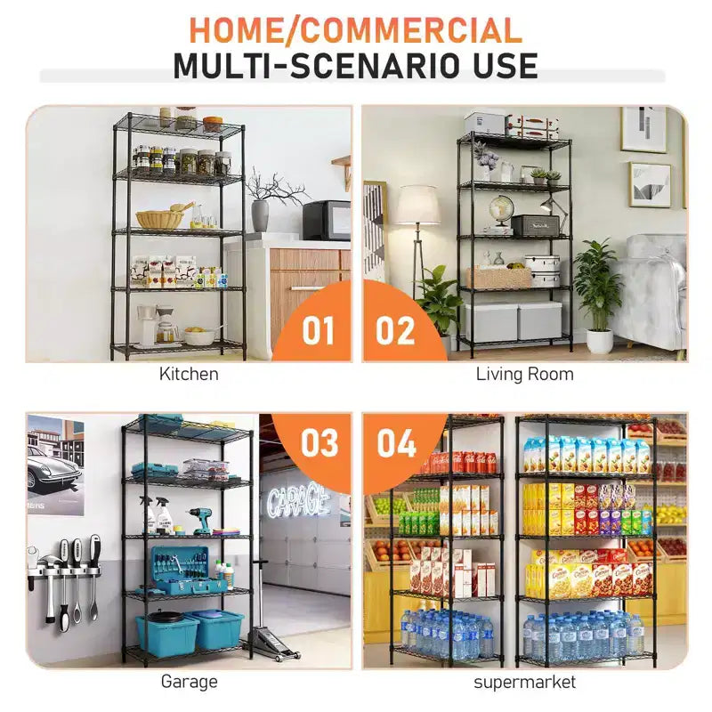 59'' Black 5 Tier Storage Rack Adjustable Tier Spacing Height