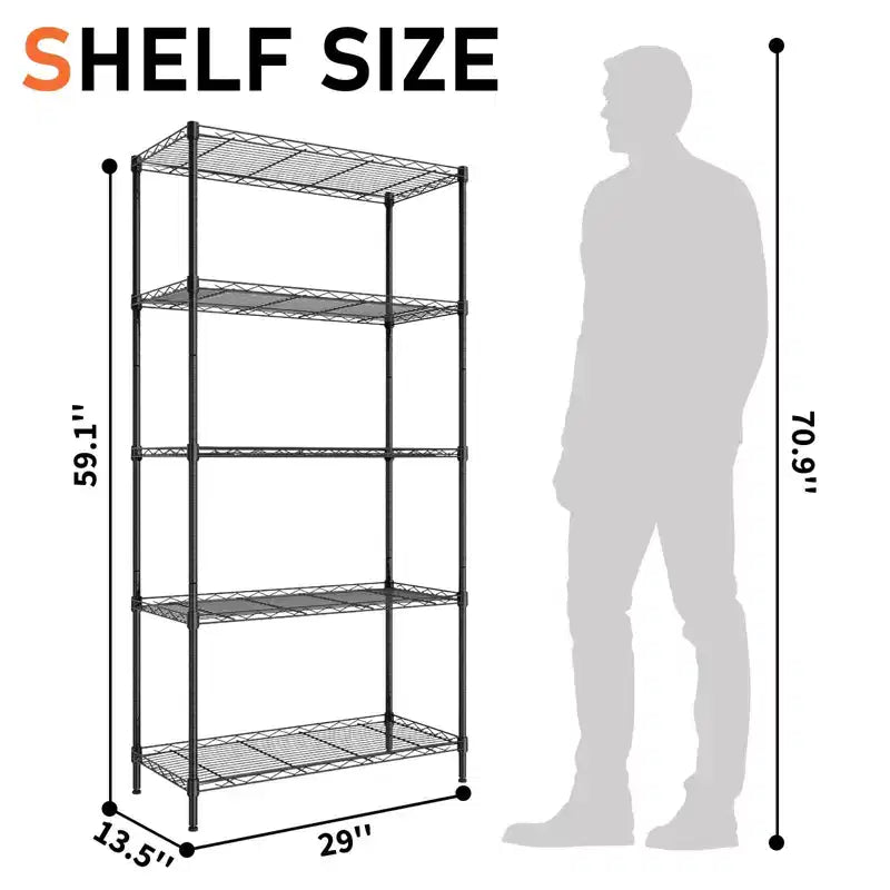 59'' Black 5 Tier Storage Rack Adjustable Tier Spacing Height