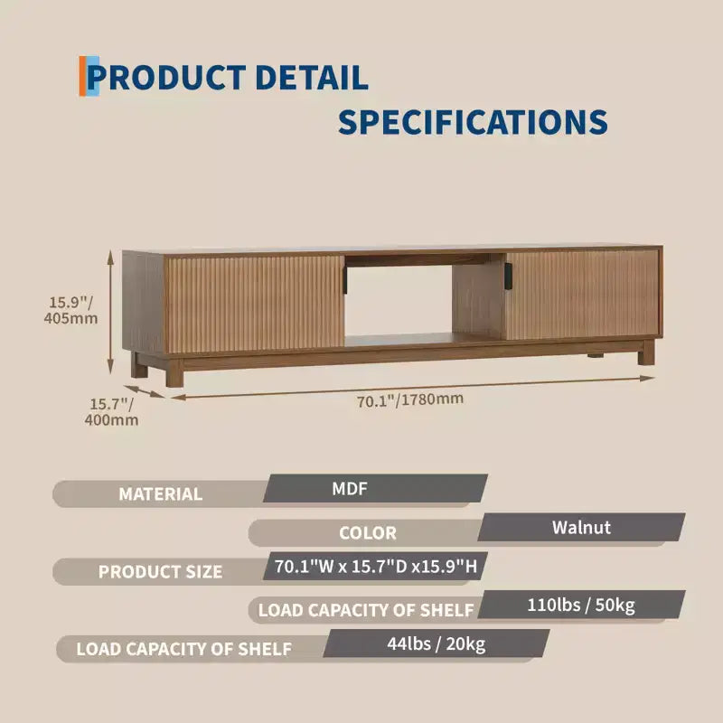 COZONY Mid Century Modern TV Stand for TVs up to 75, 70 Fluted Wood Media Console with Open Storage for Living Room