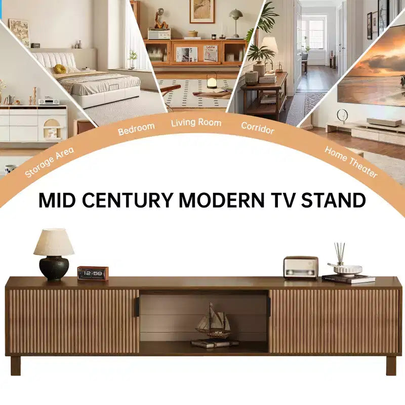 COZONY Mid Century Modern TV Stand for TVs up to 75, 70 Fluted Wood Media Console with Open Storage for Living Room