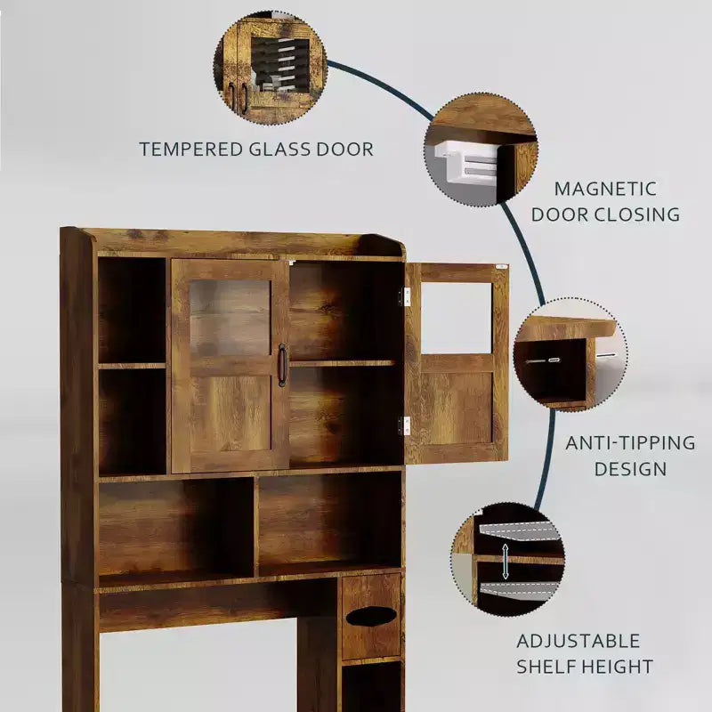 Over Toilet Cabinet - 67.4 h Bathroom Storage Organizer with Glass Door, Adjustable Shelves, Space Saving Furniture for Toilet, Laundry Room