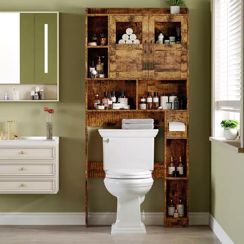 Over Toilet Cabinet - 67.4 h Bathroom Storage Organizer with Glass Door, Adjustable Shelves, Space Saving Furniture for Toilet, Laundry Room