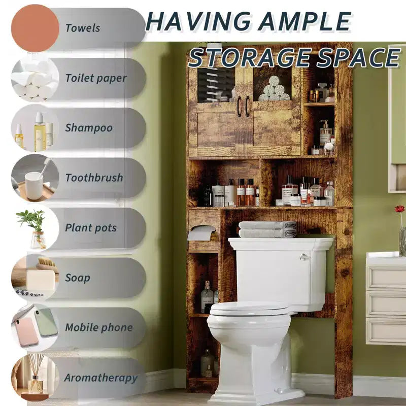 Over Toilet Cabinet - 67.4 h Bathroom Storage Organizer with Glass Door, Adjustable Shelves, Space Saving Furniture for Toilet, Laundry Room