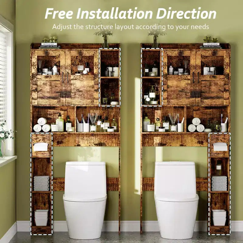 Over Toilet Cabinet - 67.4 h Bathroom Storage Organizer with Glass Door, Adjustable Shelves, Space Saving Furniture for Toilet, Laundry Room