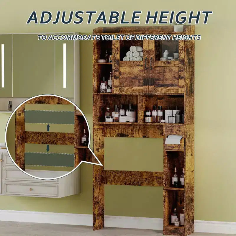 Over Toilet Cabinet - 67.4 h Bathroom Storage Organizer with Glass Door, Adjustable Shelves, Space Saving Furniture for Toilet, Laundry Room