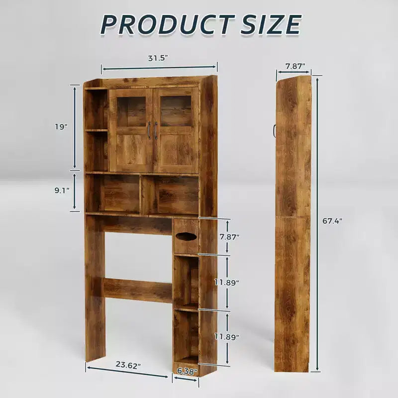 Over Toilet Cabinet - 67.4 h Bathroom Storage Organizer with Glass Door, Adjustable Shelves, Space Saving Furniture for Toilet, Laundry Room