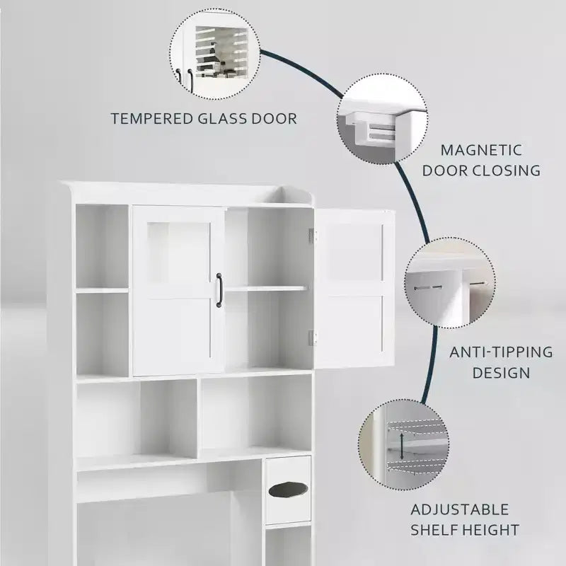 Over Toilet Cabinet - 67.4 h Bathroom Storage Organizer with Glass Door, Adjustable Shelves, Space Saving Furniture for Toilet, Laundry Room