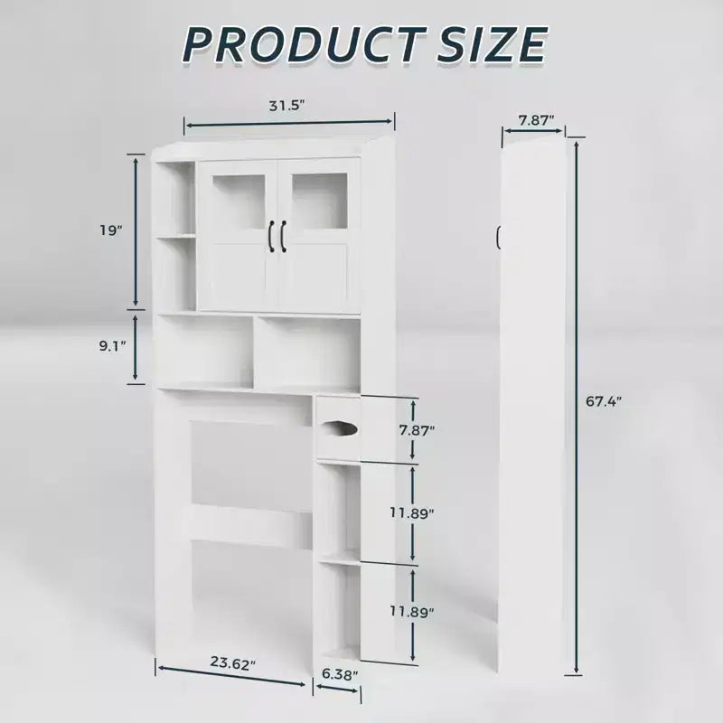 Over Toilet Cabinet - 67.4 h Bathroom Storage Organizer with Glass Door, Adjustable Shelves, Space Saving Furniture for Toilet, Laundry Room