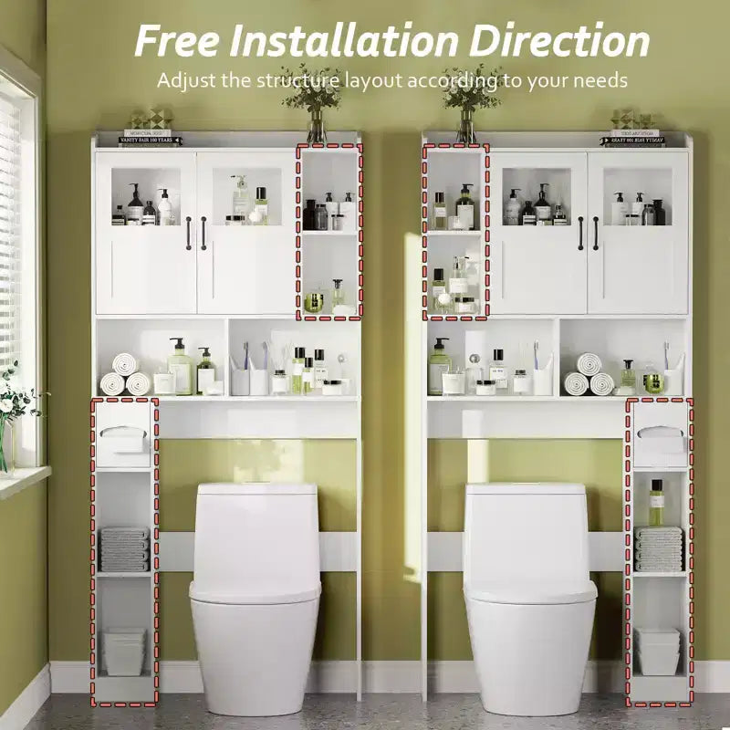 Over Toilet Cabinet - 67.4 h Bathroom Storage Organizer with Glass Door, Adjustable Shelves, Space Saving Furniture for Toilet, Laundry Room