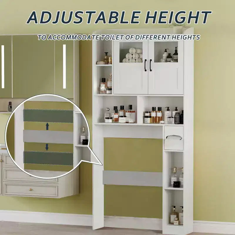 Over Toilet Cabinet - 67.4 h Bathroom Storage Organizer with Glass Door, Adjustable Shelves, Space Saving Furniture for Toilet, Laundry Room