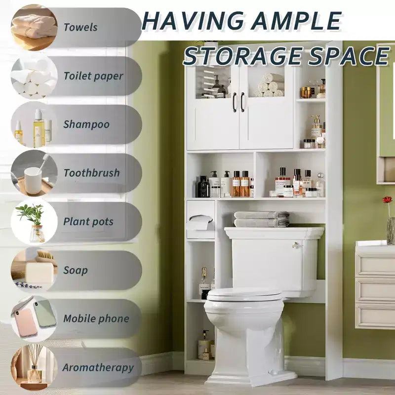 Over Toilet Cabinet - 67.4 h Bathroom Storage Organizer with Glass Door, Adjustable Shelves, Space Saving Furniture for Toilet, Laundry Room