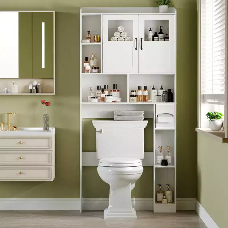 Over Toilet Cabinet - 67.4 h Bathroom Storage Organizer with Glass Door, Adjustable Shelves, Space Saving Furniture for Toilet, Laundry Room