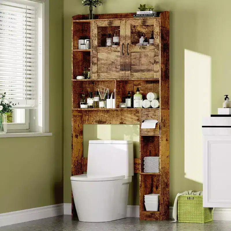 Over Toilet Cabinet - 67.4 h Bathroom Storage Organizer with Glass Door, Adjustable Shelves, Space Saving Furniture for Toilet, Laundry Room
