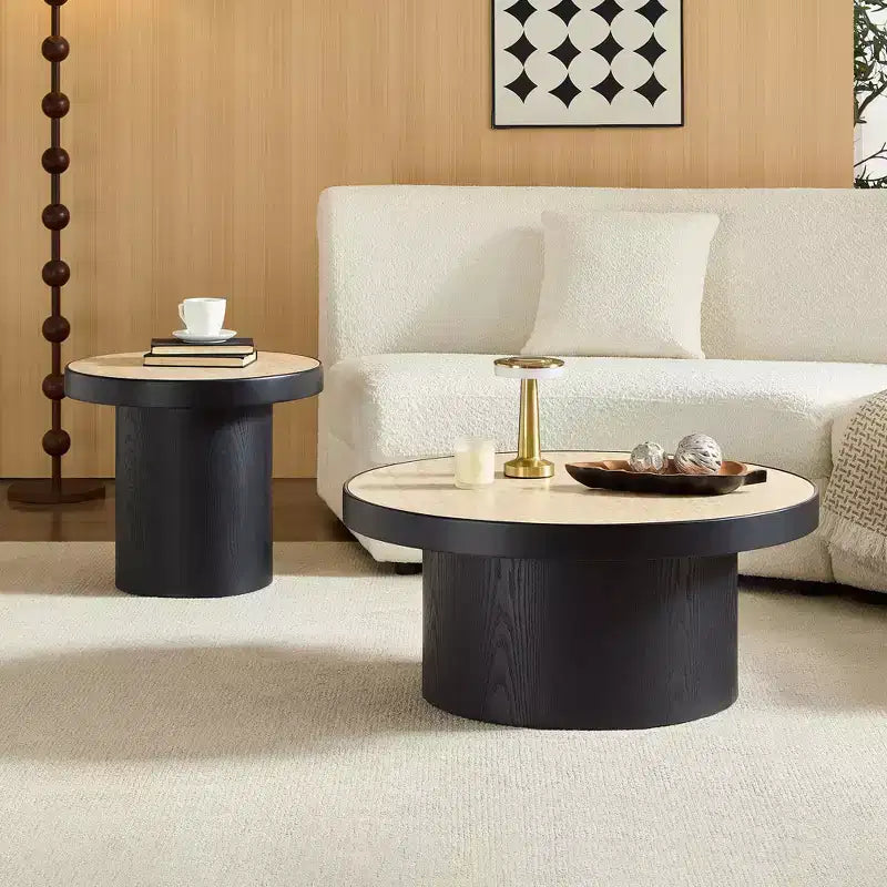 Round Nesting Coffee Table Set Minimalist Center Table Cocktail Table End Table Sofa Side Table Accent Table with Sintered Stone Tabletop - ModernLuxe