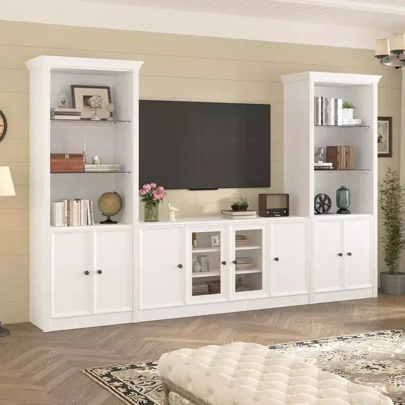 128W Entertainment Center for TVs up to 80, Modern TV Stand Media Console Wall Unit with Glass Display Shelves - ModernLuxe