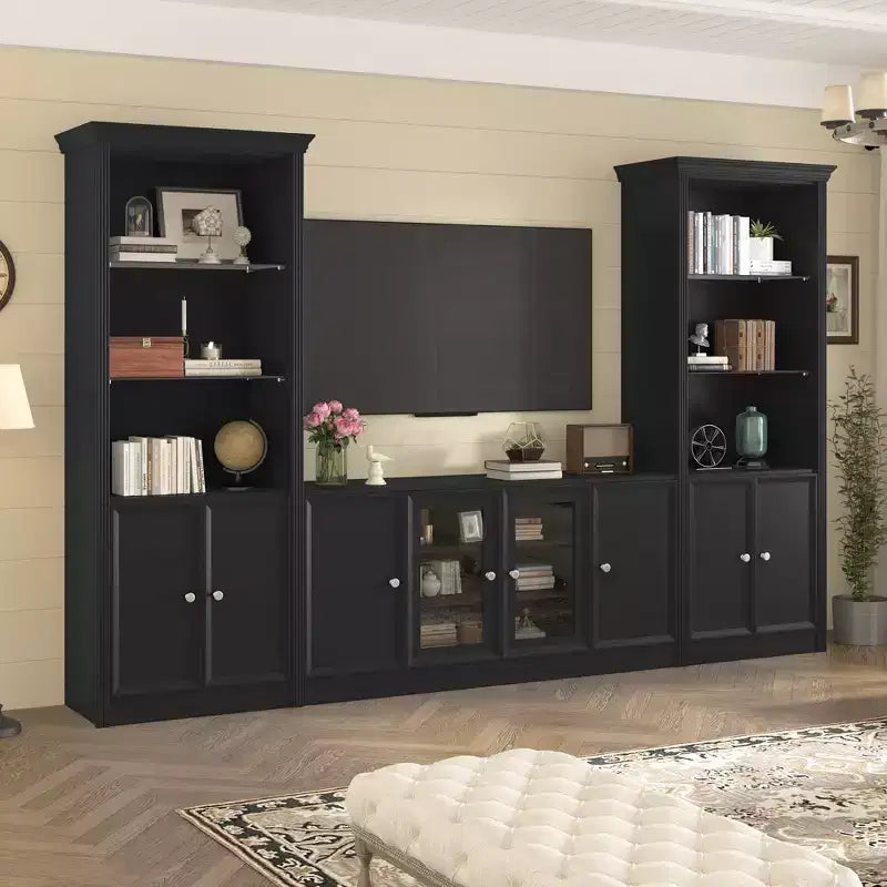 128W Entertainment Center for TVs up to 80, Modern TV Stand Media Console Wall Unit with Glass Display Shelves - ModernLuxe