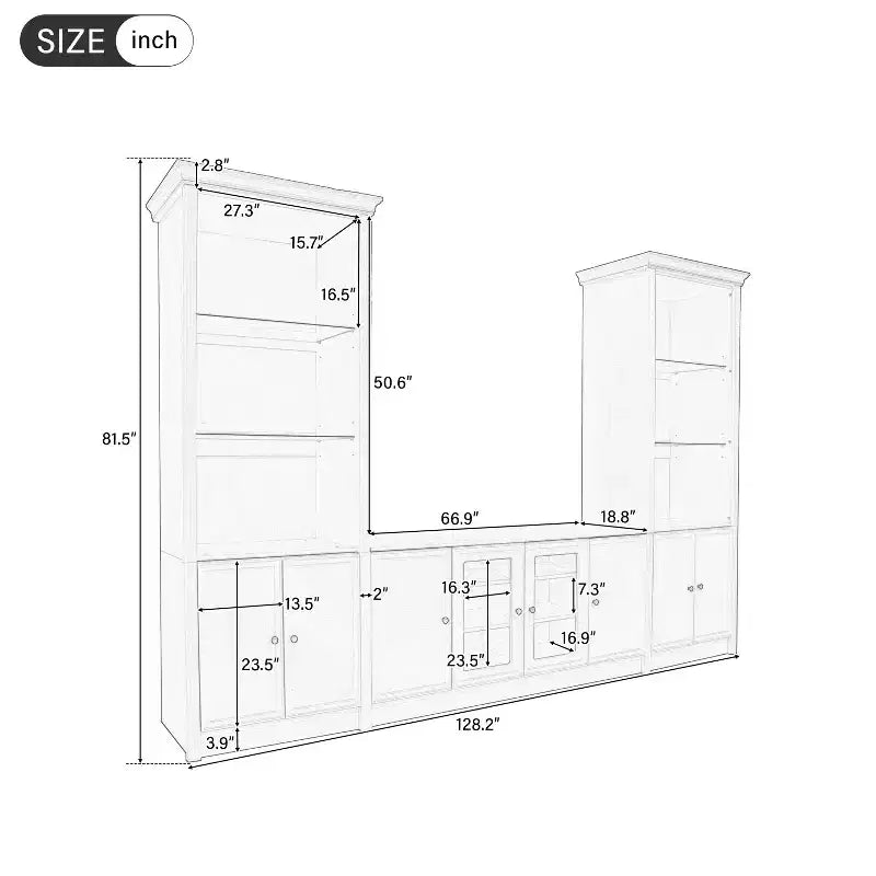 128W Entertainment Center for TVs up to 80, Modern TV Stand Media Console Wall Unit with Glass Display Shelves - ModernLuxe