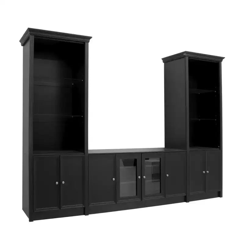 128W Entertainment Center for TVs up to 80, Modern TV Stand Media Console Wall Unit with Glass Display Shelves - ModernLuxe