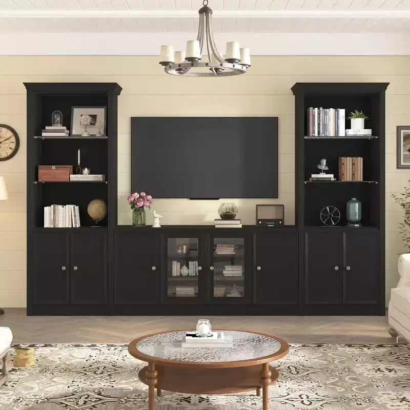 128W Entertainment Center for TVs up to 80, Modern TV Stand Media Console Wall Unit with Glass Display Shelves - ModernLuxe