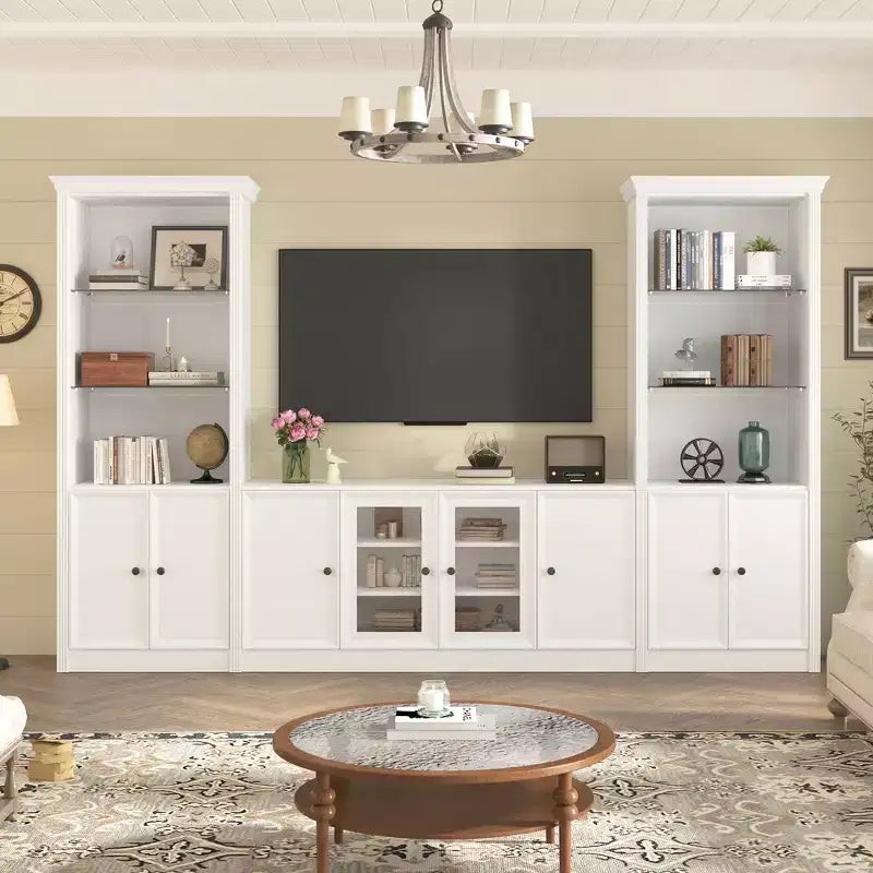 128W Entertainment Center for TVs up to 80, Modern TV Stand Media Console Wall Unit with Glass Display Shelves - ModernLuxe