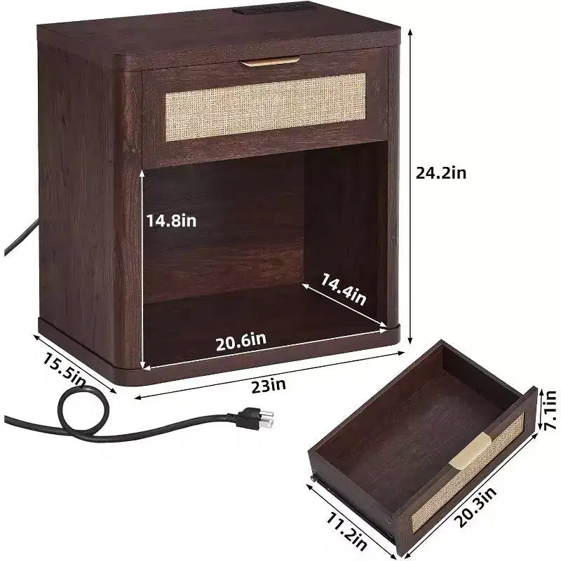 BALHAM TRADE-Rattan Nightstands Set of 2 with Charging Station 23Wide with Drawer Storage Shelf