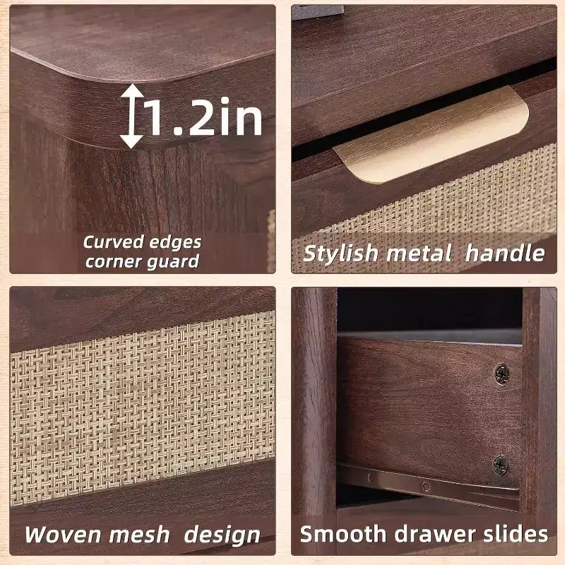 BALHAM TRADE-Rattan Nightstands Set of 2 with Charging Station 23Wide with Drawer Storage Shelf