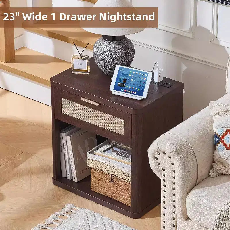 BALHAM TRADE-Rattan Nightstands Set of 2 with Charging Station 23Wide with Drawer Storage Shelf