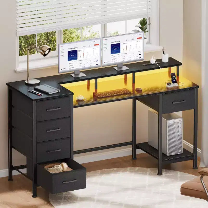 47 Inch Black Computer Desk with Charging Station Reversible Gaming Desk LED Lights 5 Fabric Drawers Monitor Stand Home Office Writing Table