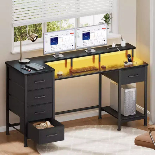47 Inch Black Computer Desk with Charging Station Reversible Gaming Desk LED Lights 5 Fabric Drawers Monitor Stand Home Office Writing Table
