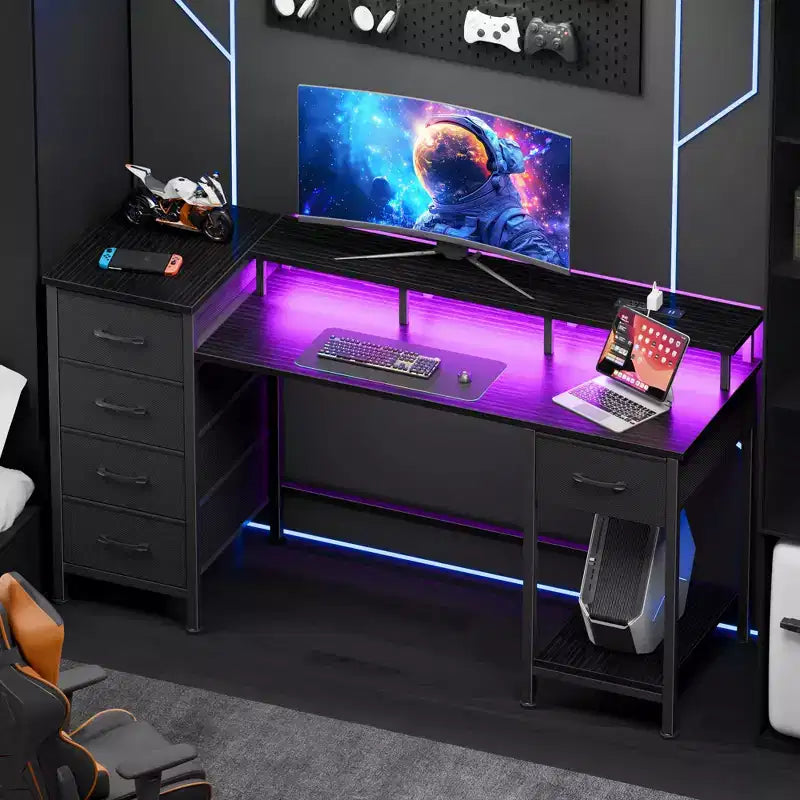 47 Inch Black Computer Desk with Charging Station Reversible Gaming Desk LED Lights 5 Fabric Drawers Monitor Stand Home Office Writing Table