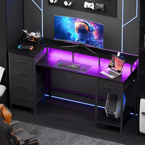 47 Inch Black Computer Desk with Charging Station Reversible Gaming Desk LED Lights 5 Fabric Drawers Monitor Stand Home Office Writing Table