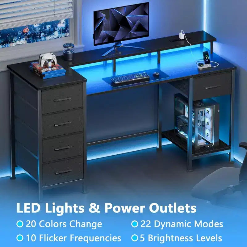 47 Inch Black Computer Desk with Charging Station Reversible Gaming Desk LED Lights 5 Fabric Drawers Monitor Stand Home Office Writing Table