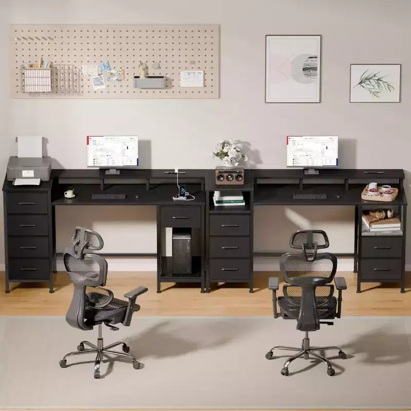 47 Inch Black Computer Desk with Charging Station Reversible Gaming Desk LED Lights 5 Fabric Drawers Monitor Stand Home Office Writing Table
