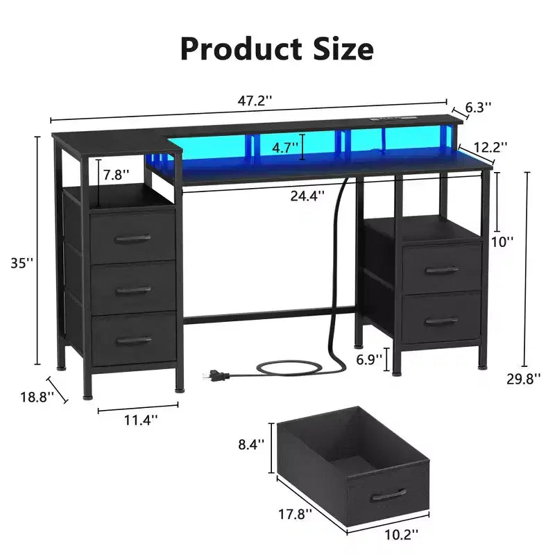 47 Inch Black Computer Desk with Charging Station Reversible Gaming Desk LED Lights 5 Fabric Drawers Monitor Stand Home Office Writing Table