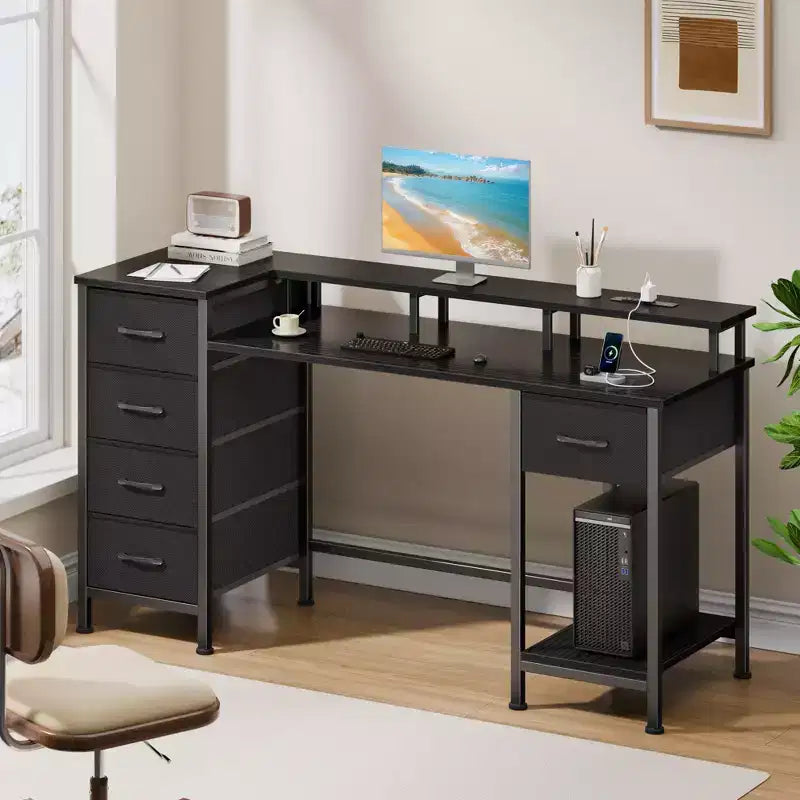 47 Inch Black Computer Desk with Charging Station Reversible Gaming Desk LED Lights 5 Fabric Drawers Monitor Stand Home Office Writing Table