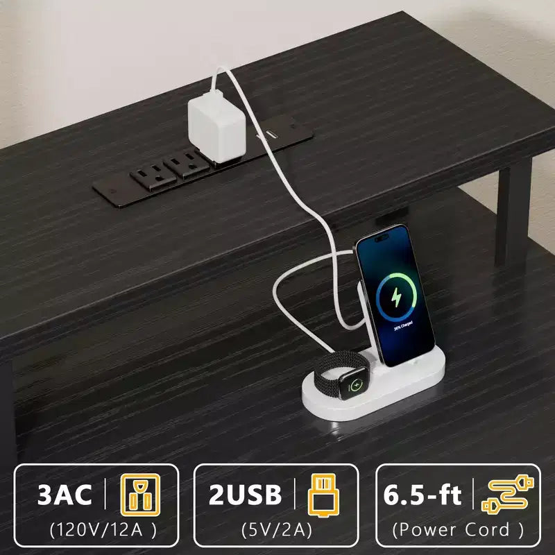 47 Inch Black Computer Desk with Charging Station Reversible Gaming Desk LED Lights 5 Fabric Drawers Monitor Stand Home Office Writing Table