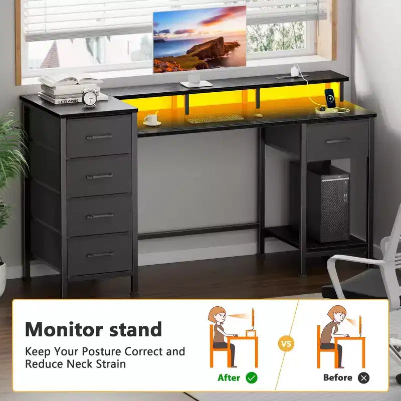 47 Inch Black Computer Desk with Charging Station Reversible Gaming Desk LED Lights 5 Fabric Drawers Monitor Stand Home Office Writing Table
