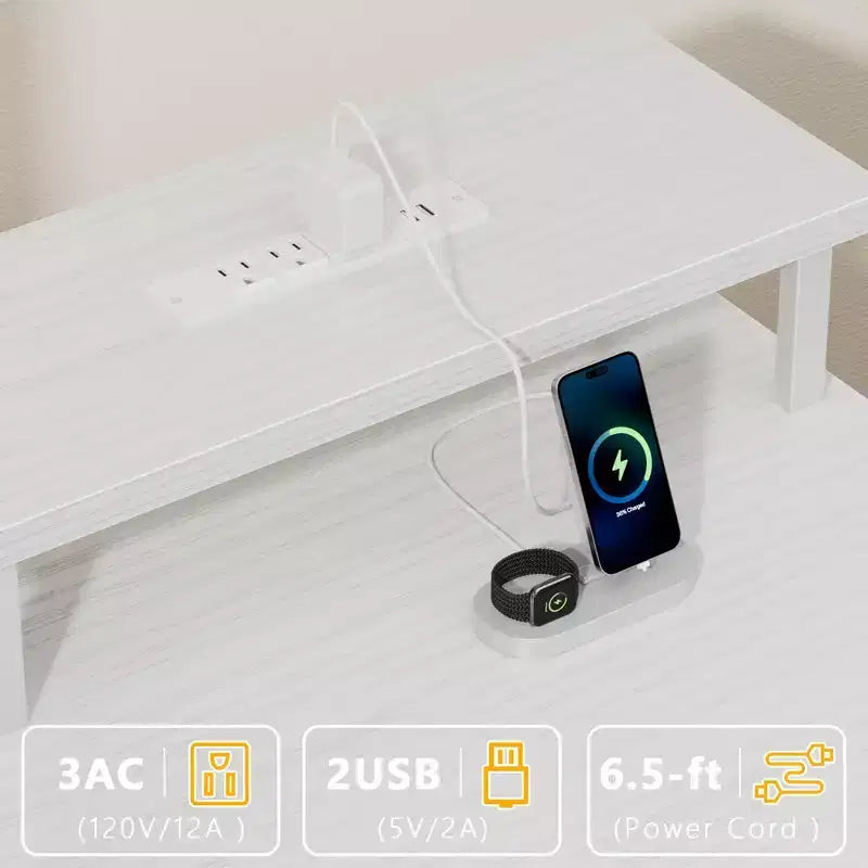 55 Inch White Computer Desk with Charging Station Reversible Gaming Desk LED Lights Fabric Drawers Home Office Writing Table Bedroom Study Storage