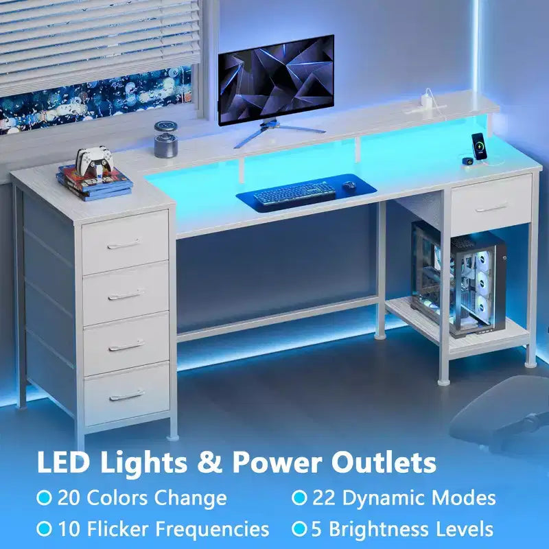 55 Inch White Computer Desk with Charging Station Reversible Gaming Desk LED Lights Fabric Drawers Home Office Writing Table Bedroom Study Storage
