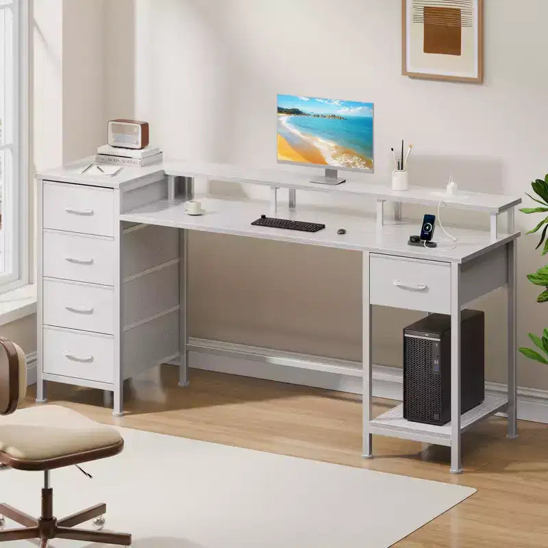 55 Inch White Computer Desk with Charging Station Reversible Gaming Desk LED Lights Fabric Drawers Home Office Writing Table Bedroom Study Storage