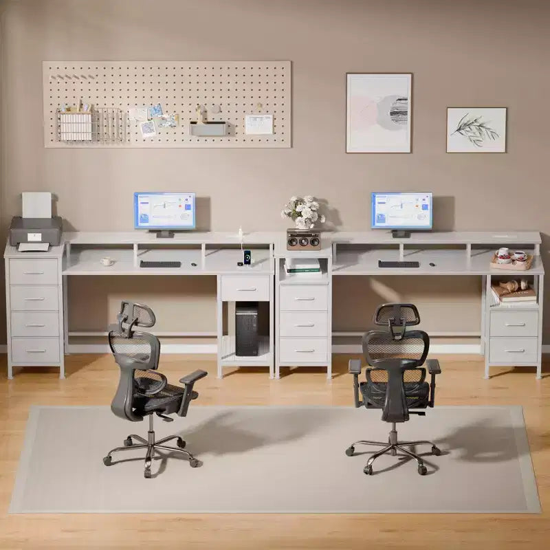 55 Inch White Computer Desk with Charging Station Reversible Gaming Desk LED Lights Fabric Drawers Home Office Writing Table Bedroom Study Storage