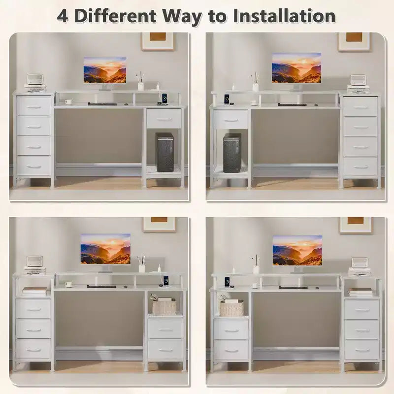 55 Inch White Computer Desk with Charging Station Reversible Gaming Desk LED Lights Fabric Drawers Home Office Writing Table Bedroom Study Storage