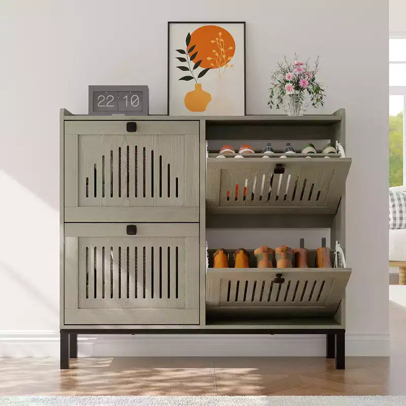 Shoe Storage Cabinet with 4 Flip Drawers, Hollow-Out Panel, Anti-Tipping, Adjustable Shelves for Entryway, Living Room, Bedroom