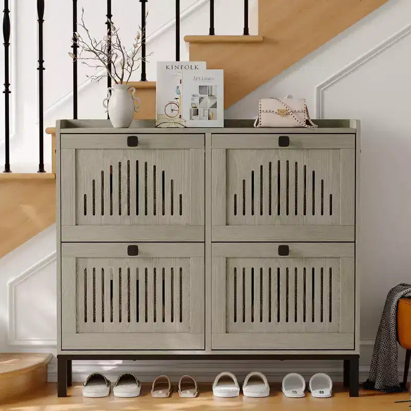Shoe Storage Cabinet with 4 Flip Drawers, Hollow-Out Panel, Anti-Tipping, Adjustable Shelves for Entryway, Living Room, Bedroom