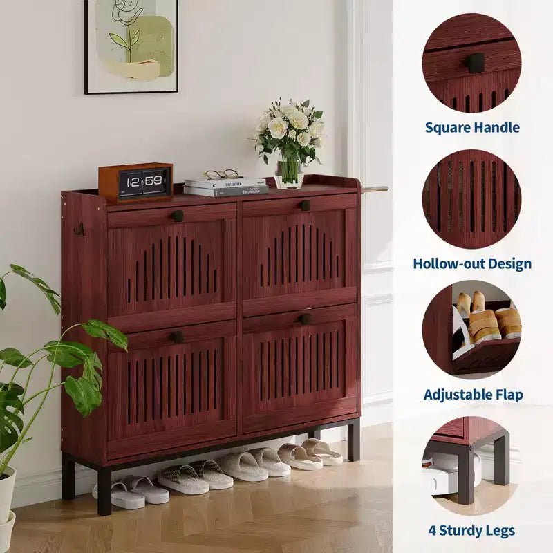 Shoe Storage Cabinet with 4 Flip Drawers, Hollow-Out Panel, Anti-Tipping, Adjustable Shelves for Entryway, Living Room, Bedroom